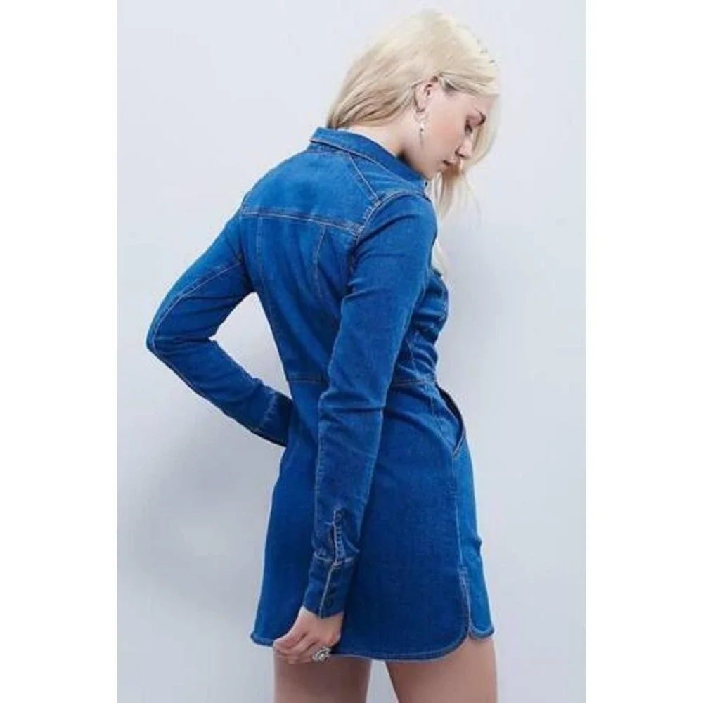 Free People Dynomite Denim Mini Shirt Dress Retro 70's Western Medium H14890 - Picture 8 of 15